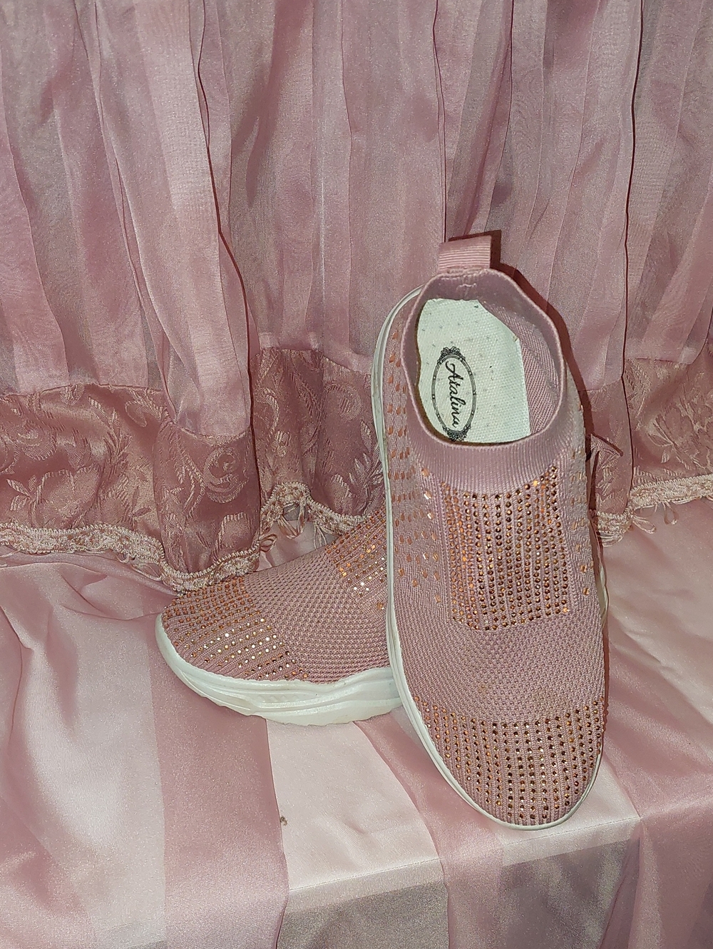 Atalina Pink Slip-On Knit Sneakers with Gold Studs